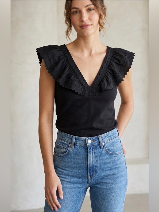 Marc New York Tops - Marc New York Ruffled Sleeveless Top with Rickrack Trim L Black